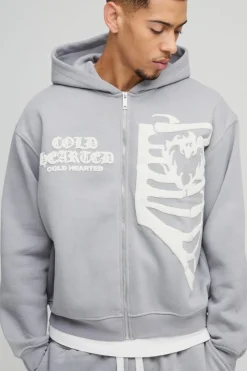Oversized Boxy Skeleton Puff Print Contrast Stitch Zip Through Hooded Tracksuit