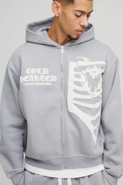 Oversized Boxy Skeleton Puff Print Contrast Stitch Zip Through Hooded Tracksuit