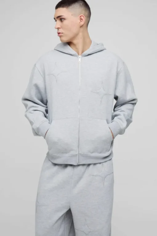 Oversized Boxy Star Applique Zip Through Hooded Tracksuit