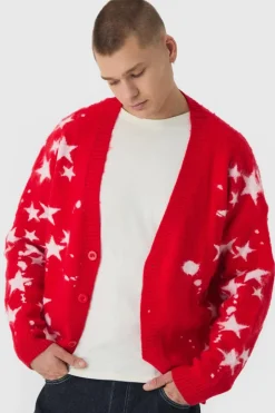 Oversized Boxy Star Brushed Knitted Cardigan