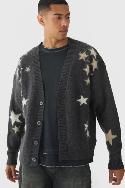 Oversized Boxy Star Brushed Knitted Cardigan