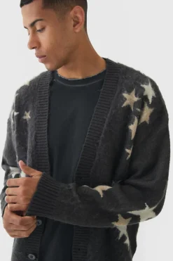 Oversized Boxy Star Brushed Knitted Cardigan