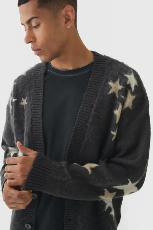 Oversized Boxy Star Brushed Knitted Cardigan