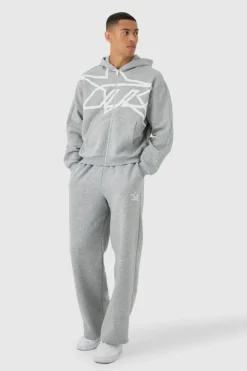 Oversized Boxy Star Printed Zip Through Hooded Tracksuit