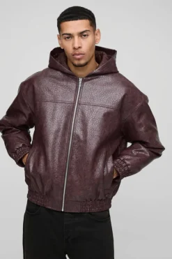 Oversized Boxy Textured PU Hooded Bomber Jacket