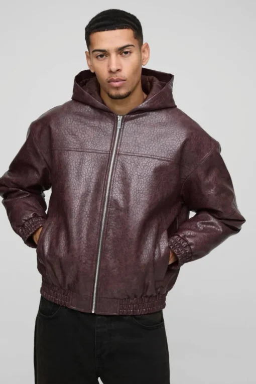 Oversized Boxy Textured PU Hooded Bomber Jacket