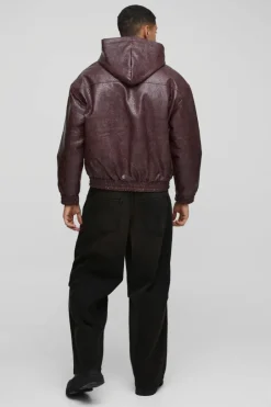 Oversized Boxy Textured PU Hooded Bomber Jacket