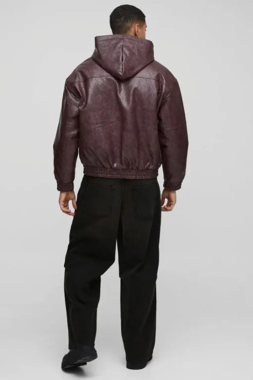 Oversized Boxy Textured PU Hooded Bomber Jacket