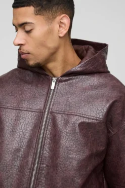 Oversized Boxy Textured PU Hooded Bomber Jacket