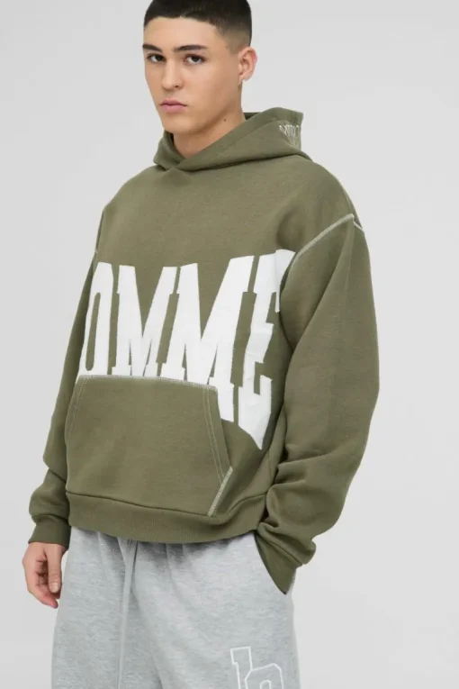 Oversized Boxy Twill Applique Contrast Stitch Hoodie