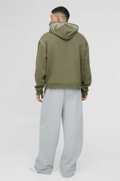 Oversized Boxy Twill Applique Contrast Stitch Hoodie