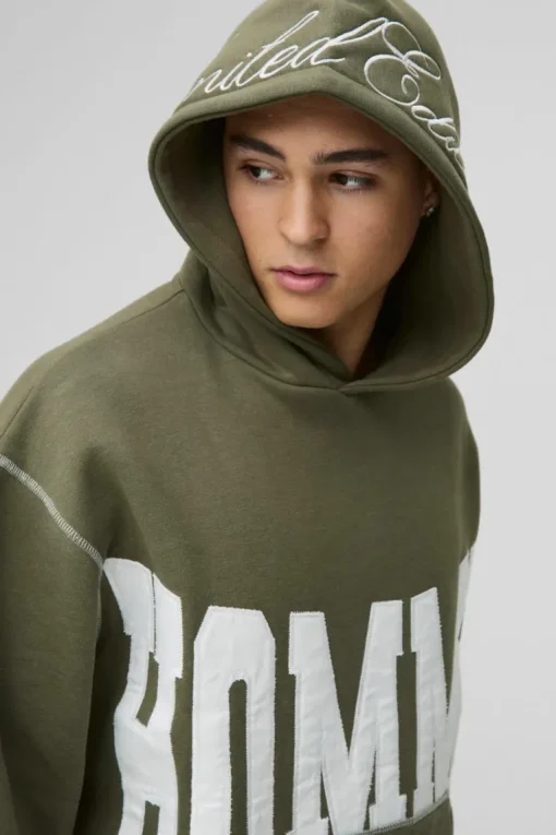 Oversized Boxy Twill Applique Contrast Stitch Hoodie