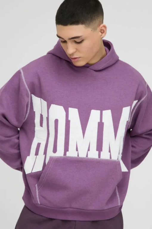 Oversized Boxy Twill Applique Contrast Stitch Hoodie