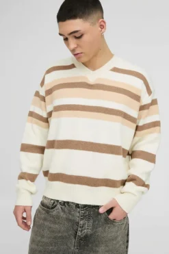 Oversized Boxy V Neck Brushed Stripe Knitted Jumper