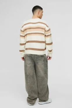 Oversized Boxy V Neck Brushed Stripe Knitted Jumper