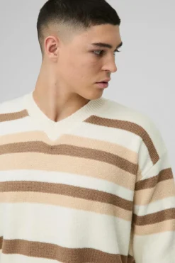 Oversized Boxy V Neck Brushed Stripe Knitted Jumper