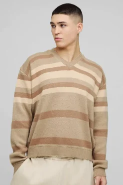 Oversized Boxy V Neck Brushed Stripe Knitted Jumper