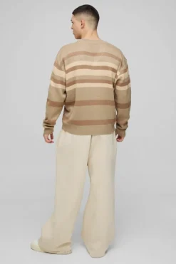 Oversized Boxy V Neck Brushed Stripe Knitted Jumper