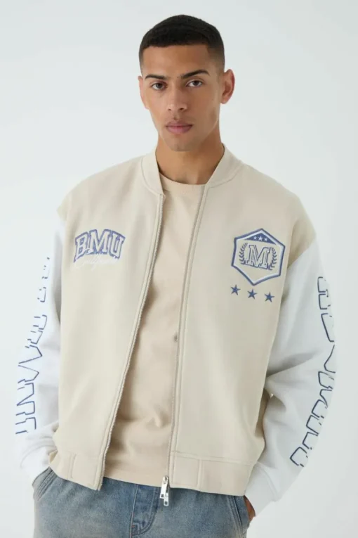 Oversized Boxy Varsity Applique Jersey Bomber Jacket
