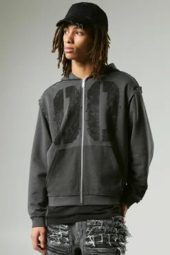 Oversized Boxy Varsity Raw Edge Zip Through Loopback Hoodie