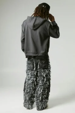 Oversized Boxy Varsity Raw Edge Zip Through Loopback Hoodie