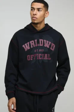 Oversized Boxy Varsity Worldwide Printed Raw Hem Hoodie