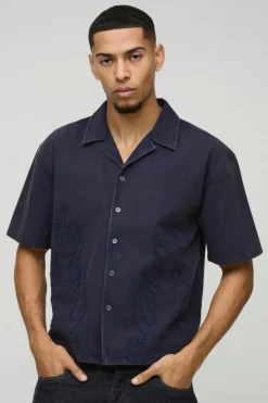 Oversized Boxy Washed Flame Applique Washed Shirt