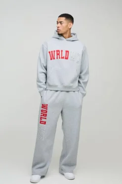 Oversized Boxy Worldwide Distressed Applique Hooded Tracksuit