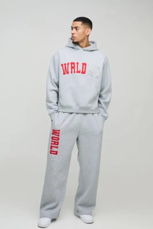 Oversized Boxy Worldwide Distressed Applique Hooded Tracksuit