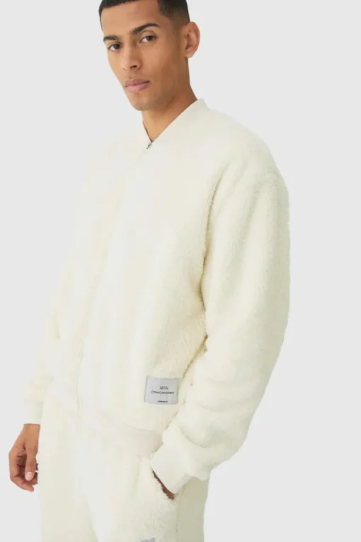 Oversized Boxy Woven Label Teddy Borg Bomber Jacket