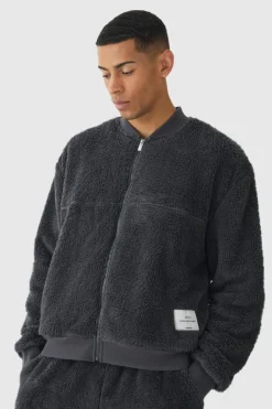 Oversized Boxy Woven Label Teddy Borg Bomber Jacket