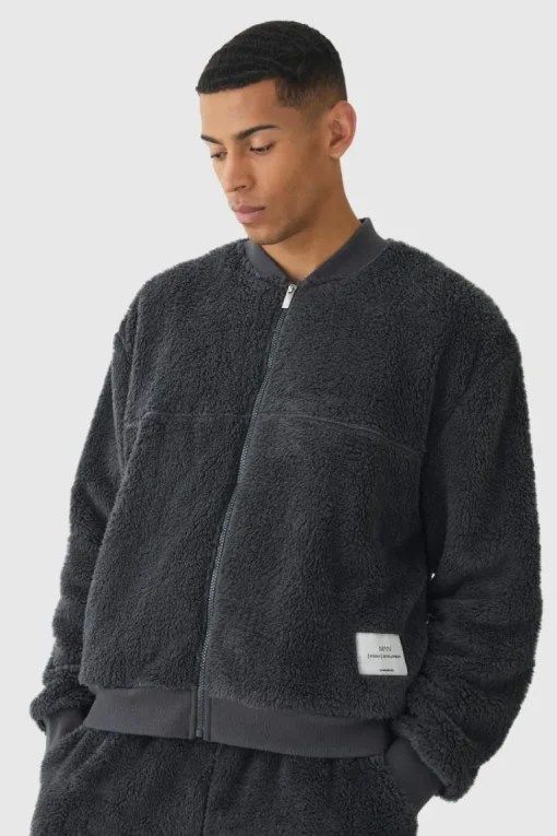 Oversized Boxy Woven Label Teddy Borg Bomber Jacket