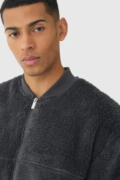Oversized Boxy Woven Label Teddy Borg Bomber Jacket