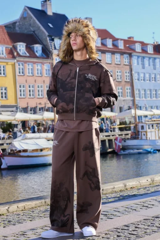 Oversized Boxy Zip Through Renaissance Print Hooded Tracksuit