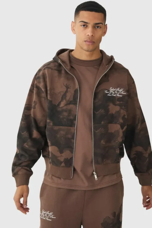 Oversized Boxy Zip Through Renaissance Print Hooded Tracksuit