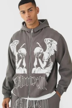 Oversized Boxy Zip Through Renaissance Graphic Hooded Tracksuit