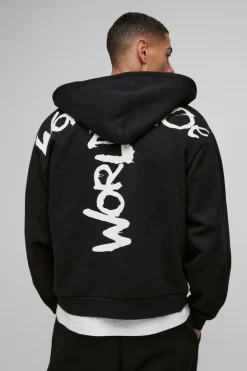 Oversized Boxy Zip Through Worldwide Graffiti Print Zip Through Hoodie
