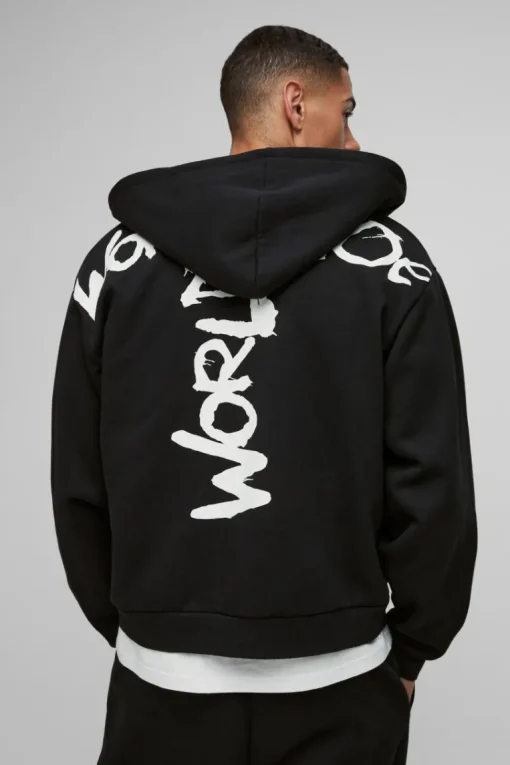 Oversized Boxy Zip Through Worldwide Graffiti Print Zip Through Hoodie