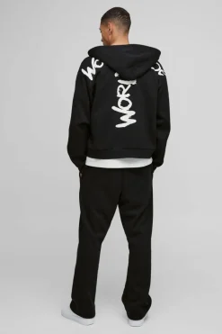 Oversized Boxy Zip Through Worldwide Graffiti Print Zip Through Hoodie