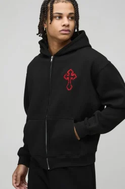 Oversized Boxy Zip Through Embroidered Gothic Cross Hoodie
