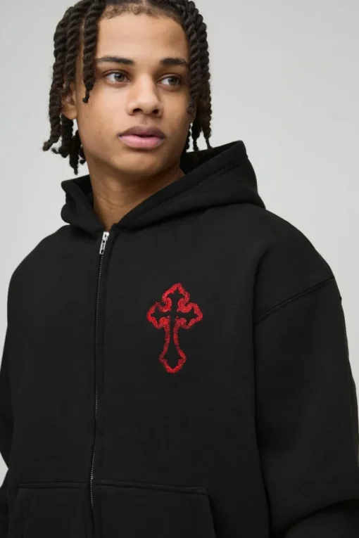 Oversized Boxy Zip Through Embroidered Gothic Cross Hoodie