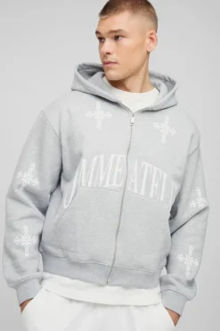 Oversized Boxy Zip Through Homme Print Cross Hoodie