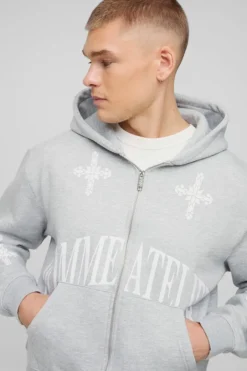 Oversized Boxy Zip Through Homme Print Cross Hoodie