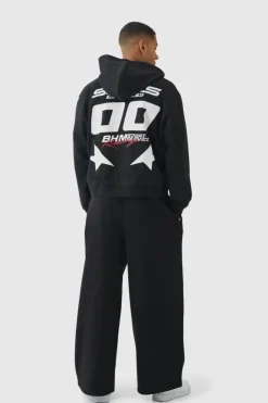 Oversized Boxy Zip Through Moto Print Hoodie