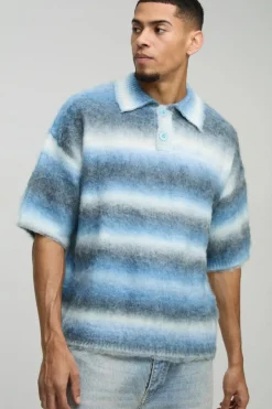 Oversized Brushed Stripe Short Sleeve Knitted Polo