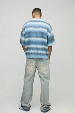 Oversized Brushed Stripe Short Sleeve Knitted Polo