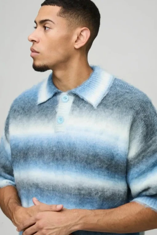 Oversized Brushed Stripe Short Sleeve Knitted Polo