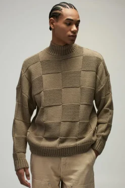 Oversized Check Funnel Neck Knitted Jumper