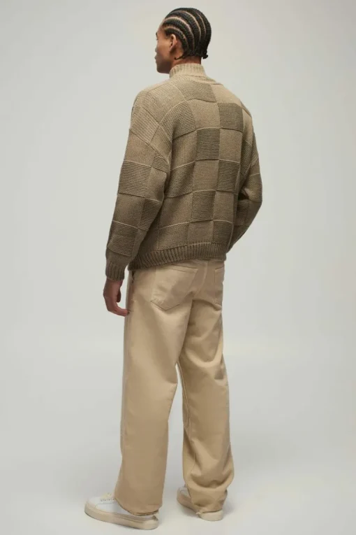 Oversized Check Funnel Neck Knitted Jumper
