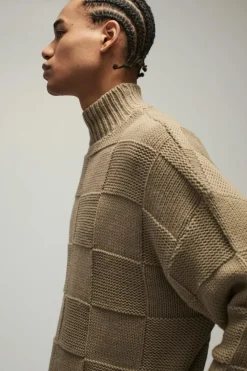 Oversized Check Funnel Neck Knitted Jumper